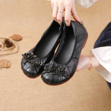 kamames New Flat Bottom Low Heel Head Layer Cowhide Women's Shoes Ethnic Wind Flowers Leather Women's Single Shoes Middle-Aged And Elderly Mother Shoes