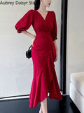 Zingj Midi Red Mermaid Dress Women Autumn Korean Sexy V-neck Irregular Sequins Dress Vintage Casual Evening Party Dress 2023