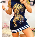 Zingj Women Sexy Daily Wear O Neck Cute Tiger Animal Print Short Sleeve Casual Summer Vintage Mini Bodycon Party Dress