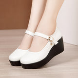 kamames Spring And Autumn Middle Heel Slope Single Shoes Women's Muffin Thick Bottom Waterproof Platform One Word Buckle Shallow Mouth Flat Sole High Heel Mother's Shoes