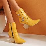 kamames Stone Print Zipper Ankle Boots Women Wedges High Heels Western Boots Pointed Toe Crystal Autumn Winter Woman Shoes