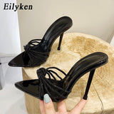 kamames New Summer Women's Slippers Crystal Rhinestone Pointed Toe High Heel Slide Shoes Fashion Party Prom Sandals