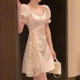 kamames Chic Mini Sequin Dress Women Vintage V-neck Luxury Evening Dress Female Elegant Lace Patchwork Prom Party Dress 2023