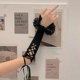 kamames Women's Y2K 2000s Fingerless Gloves Cross Tie-up Elbow Length Arm Warmers Sleeves Lolita Costume Accessories