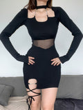 kamames Asymmetrical Fashion Bodycon Halter Neck Black Dress Mini Gothic Lace Up Mesh Spliced Club Sexy Women's Dresses Robe