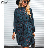 kamames PETAL Belted Blue Leopard Mini Dress For Woman Sexy Mock Neck Long Sleeve Party Dress 2023 Spring Autumn Female Sundress