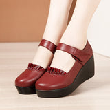 kamames Slope Heel Single Shoes Women's 2023 Thick Bottom Waterproof Platform Soft Soles Red Large Size 43 Middle-Aged Mother Shoes