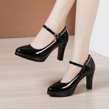 kamames Leather Catwalk High Heel Women's Pointed High Heel Thick-Soled Waterproof Platform Professional Black Work Shoes Large-Size Single Shoes