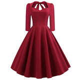 Zingj Out Women 50s Rockabilly Dress 3/4 Long Sleeve V Neck Swing Solid Red Blue Green Cotton Retro Vintage Party Sundress