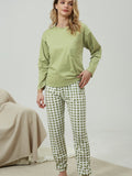 Plaid Print Pocket Crew Neck Long Pajamas Set, Casual Long Sleeve Pajama Top & Comfortable Long Pant, Women's Loungewear & Sleepwear