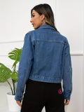 Women's Casual Long Sleeve Blue Denim Jacket - Vintage Style with Flap Pockets, Solid Color, Easy-Care for Spring/Fall