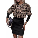 Zingj Independent Station Autumn New Fashion Printed Waist Round Collar Long-Sleeved Dress