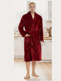 Casual Polyester Men's Robe Set - Fall/Winter Long Sleeve Solid Color Bathrobe with Belt, Slight Stretch Fabric, Warm Plush Fleece V-neck Sleepwear with Pockets