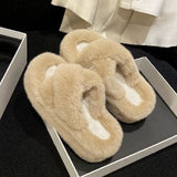 kamames Slippers Women's Outer Shoes Spring New White Wool Slippers Autumn High Heels Thick Soles Raised Cotton Slippers Summer Fluffy Shoes