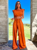 kamames Women Two Piece Set With Pants Round Neck Tie Up Sleeveless Pleated Top Wide Leg Loose Pants Suit Summer Office Lady Set