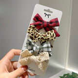 4 Pcs/set Cotton Linen Leopard Print Hair Bows With Clip For Girls Plaid Hair Clips Barrettes Hairpins Headwear Hair Accessories