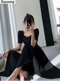 kamames New Elegant Midi Black Dress For Women Solid A Line Femme Fashion Office Lady Clothing Vestidos