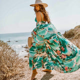 Zingj Green Bohemian Printed Self Belted Front Open Summer Beach Wear Bikini Wrap Dress Plus Size Women Beachwear Sarongs Q734