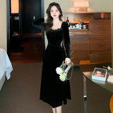 kamames Black Long Sleeve Velvet Midi Dresses for Women 2023 Autumn Winter New Korean Elegant Evening Party Prom Female Clothing