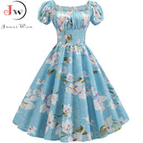 kamames Dress Women Puff Sleeve Swing Vintage Dresses Robe Femme Elegant Floral Print Pin Up Party Dresses Jurken