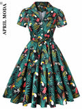 kamames Bird Print Summer 2022 Women Vintage Dress Beach Green Retro Pin UP Casual Party Robe Rockabilly 60s Swing Sundress