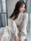 kamames Dresses for Women Party Long Sleeve Midi Patchwork Knitted Sweater Dress Lace Stand Collar A-Line Chinese Style Winter 2023