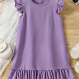 Girls' Summer Elegance: Flutter Sleeve Solid Color Dress - Ruffle Hem, Perfect for Holiday & Party Celebrations