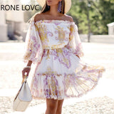 kamames Women Long Sleeves Print Off Shoulder Ruffles Dress  Elegant Fashion Chic Party Dress