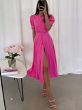 Zingj Fashion Loose Long Waist Maxi Dresses Elegant Button Party Long Dress Women Fashion O-Neck Puff Sleeve Solid A-Line Dress