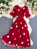 kamames Women Polka Dot Midi Dress Vintage V-Neck Short Flare Sleeve Bandage A-Line Vestidos Female Casual Robe New Fashion
