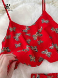 kamames Summer Floral Chiffon Beach 2pcs Sets Fashion Strap Sexy Camisole+Wide Legs Long Pants Butterfly Print Two Pieces Suit