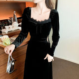 kamames Black Long Sleeve Velvet Midi Dresses for Women 2023 Autumn Winter New Korean Elegant Evening Party Prom Female Clothing