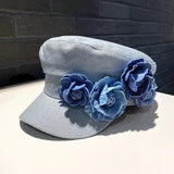 Ladies Denim Beret Hat with Blue Rose Embellishments - Perfect for Valentine's Day or Any Special Occasion - Adjustable Size - Breathable Material - Knit Construction - Decorative Accents - Non-Elastic - Suitable for Various Events