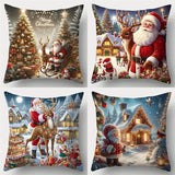 Contemporary Christmas Throw Pillow Covers Set of 4 - Santa Claus and Reindeer with Snowy Village Scene, Hand Washable Zippered Polyester Cushion Cases for Sofa and Living Room Decor, 17.7x17.7 inches - Festive Winter Holiday Decorative Pillowcases (Inser