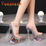 kamames Voesnees Sexy Models 17.5CM Super High Heels 8CM Transparent Platform Women Sandals PVC Female Crystal Wedding Shoes Big Size 43