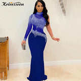 kamames Sexy Blue Mesh Crystal See Through Maxi Dress Women New One Sleeve Birthday Clubwear Bodycon Long Dress