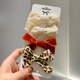 4 Pcs/set Cotton Linen Leopard Print Hair Bows With Clip For Girls Plaid Hair Clips Barrettes Hairpins Headwear Hair Accessories