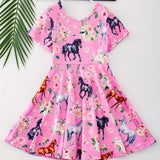 Charming Pony Sleeveless Summer Dress - Crew Neck, Breathable Fabric for Casual & Party Wear, Ideal Gift for Girls