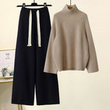 kamames Winter Warm Knitted Suit Women Long Sleeve Half Turtleneck Knitting Sweater And Wide Leg Pants Sets Outer Wear Loose Set