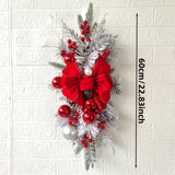 4pcs Set of 23.62" Red Flocked Christmas Wreaths with Balls & Bow - Large Wall Hanging Decor for Front Door, Stairs, Windows - No Power Needed, Featherless