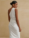 kamames Out Women Midi Beach Dress White One Shoulder Sleeveless 2024 Summer Y2K Sexy Dresses Bodycon Party Nightclub