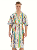 Men's Comfy Plant Colorful Striped Robe With Pockets, Home Pajamas Wear One-piece Lace Up Night-robe Loungewear Sets