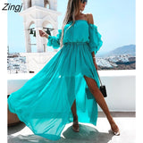 kamames Long Dress Women Off Shoulder Chiffon Dress Lace-up Solid Color Ruffle Beachwear Blue/Orange