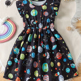 Girls Galactic Adventure Dress with Lettuce Sleeves - Casual A-line for Holiday Parties & Summer Fun - The Perfect Gift