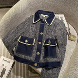 Two Piece Dress Sets Short Tweed Jacket Chic Lapel Denim Coat Womens Outifits Spring Autumn Mini Skirts Jeans Y2k 231027