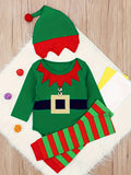 Christmas Party Cartoon Elf Costume Baby Boys Girls Santa Claus Long Sleeve Romper + Stripe Leg Warmer + Hat 3Pcs Set Outfits