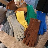 Solid Color Ribbed Knitting Gloves, Windproof Full Finger Touch Screen Warm Gloves, Women's Simple Autumn Winter Hand Warmer Gloves