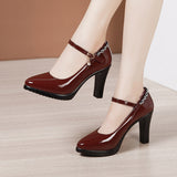 kamames Leather Catwalk High Heel Women's Pointed High Heel Thick-Soled Waterproof Platform Professional Black Work Shoes Large-Size Single Shoes