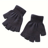 Minimalist Monochrome Half Finger Gloves, Short Elastic Knit Gloves, Winter Warm Unisex Gloves