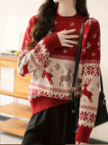 Yuletide Fashion, Elegant Red Christmas Knit Sweater for Women - Casual & Chic, Long Sleeve, Round Neck Pullover Top